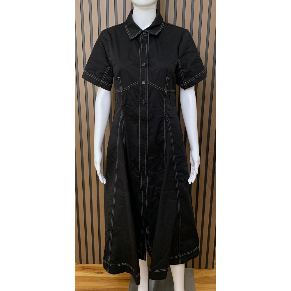 Entro Black Contrast Stitch Short Sleeve Button Down Midi Shirt Dress S Classic